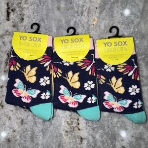 Lot Of 3 NWT Yo Sox Junior Crew Socks Gripper Butterflies Youth 7-10